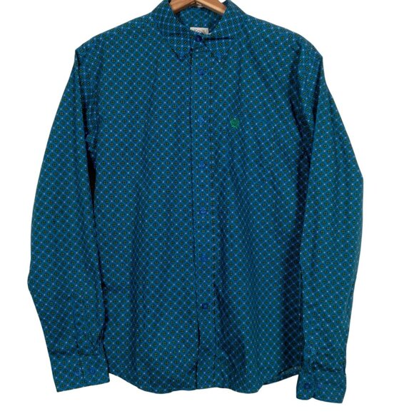 Cinch Tops - Cinch Shirt XXL 16-18 Button Down Blouse Blue Green Geometric Western Long Sleev